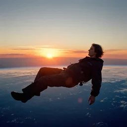 Ted Kaczynski floating in Space, beautiful sunset over the Earth in the background