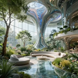 biophilic futuristic cyborg city garden natural beautiful light interior soft cinematic composition of a granite metallic nebula fluid surreal scifi architecture landscape, furniture, trees, grass, flowers, water, glass walls, vincent callebaut composition, 8 k, unreal engine, hdr