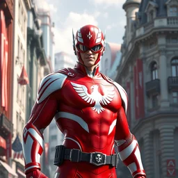 captain vienna, a austrian superhero, red and white costume colors, with an eagle emblem, eagle logo, vienna city, european buildings, austrian architecture, highly detailed, digital painting, artstation, concept art, smooth, sharp focus, illustration, unreal engine 5, 8 k, art by artgerm and greg rutkowski and edgar maxence