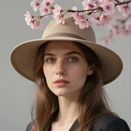 a candid portrait of a european female wearing a hat with sakura on top, naturel, hyper detailed, digital art, trending in artstation, cinematic lighting, studio quality, smooth render, unreal engine 5 rendered, octane rendered, nixeu