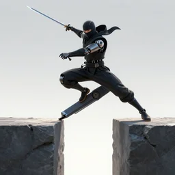 cybernetic ninja jumping across a gap, digital art, sword