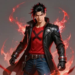 An epic fantasy comic book style portrait painting of a young man with black and red cowlick haircut, red eyes, wearing an red shirt with X symbol, black overcoat, blue jeans. He is surrounded by red energy. Wearing a power scouter. Unreal 5, DAZ, hyperrealistic, octane render, cosplay, RPG portrait, dynamic lighting