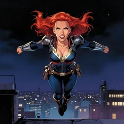 rafeal albuquerque comic art, joshua middleton comic art, artgerm, cinematics lighting, night time, pretty scarlett johansson black widow, big smirk, symmetrical face, symmetrical eyes, long red hair, full symmetrical body, flying in the air, jumping off rooftop