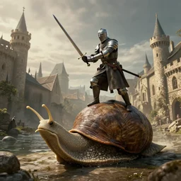 Medieval knight with his sword drawn riding on top of a huge snail in a medieval city, wide shot, detailed, 4K, digital art, coherent, cinematic lighting, dynamic lighting, ambient lighting, award winning art