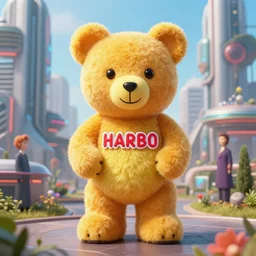 portrait of haribo bear in future city, color and shape focus, cnetral composition, natural light, bloom, puff, by simon stalenhag and rene magritte and anton