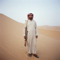medium format photograph of bedouin man on steep dune with rifle, ektachrome, hasselblad film shallow focus portrait, soft light photographed on expired color film,