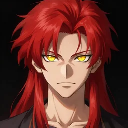 portrait of hisoka morow hunter hunter, 2 0 years old, male, very very sharp jaw yellow eyes very very narrow yellow iris red hair soft hair swept back crimson medium length hair, bowie, anime highly detailed, digital painting, artstation, concept art, matte, sharp focus, illustration, art by artgerm and greg rutkowski and alphonse mucha