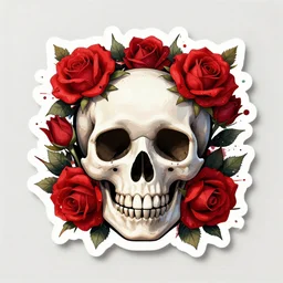 skull and red roses, cute sticker decal design, highly detailed, high quality, splatter paint