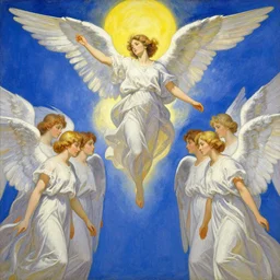 vision of angels - a painting of a single angel flying in the sky, surrounded by a group of angels by marc simonetti and yoshitaka amano, style of avant - garde