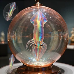 fantastical, sweeping, metallic collage, painstakingly precise and meticulously delicate layers of mylar rainbow sculptures of a human squid embryo inside a copper sulphate sphere. perfect focus and discrete smooth bezier outlines. 3 5 mm film, flood lighting, museum display