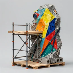 painting of small scaffolding and rock sculpture made with steel and metal, wood planks, rock details joints, cinder blocks, bright construction materials, ratchet straps, painting by yves tanguy, sculpted by david smith, painting by kay sage, by nate boyce, digital sculpture, 3 d model, photorealistic, studio lighting, product photography, high octane, higly detailed, made with unreal engine