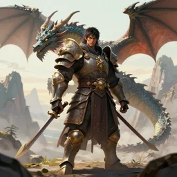 human armoured warrior a dragon, background moutains , digital art