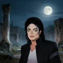 roman ruins, moonlit with ambient fog, michael jackson with yellow eyes, trending on art station