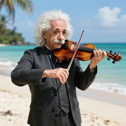 albert einstein on tropical beach playing violin by greg rutkowski hyper realistic award winning