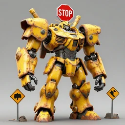 giant mecha gladiator made of yellow road signs and a red stop sign on its head, character design trending on artstation, mecha, unreal engine, octane render, detailed model, hardsurface modelling, heavily stylized, rust roadsign armor