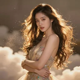 a beautiful female goddess of warm character, character is in all its glory, character is in her natural relaxed pose, rim lights, particles and dust in the air, fancy clouds, highly detailed professional photo, dynamic lights, particles are flying, depth of field, trending on artstation, illustration, hyper realistic, vray caustics, super detailed, colorful accents, cinematic shot