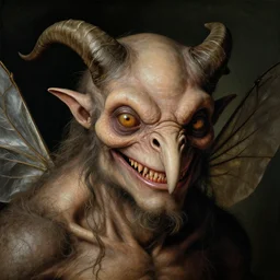 close up portrait of an overdressed mutant monster creature with snout, horns, insect wings, unibrow, piercing eyes, toxic smile. jan van eyck