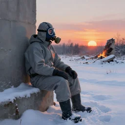 ryan church jon mccoy concept art mood painting man wearing grey hazmat suit gp - 5 gas mask sitting against concreate wall snow covered field watching the beautiful winter sunrise burning ruins in background forest