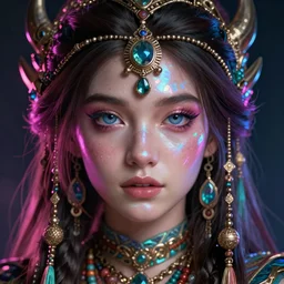 masterpiece portrait of a beautiful girl with with boho accessories, in neon reflective, symmetrical face, cute - fine face, top lighting, sona form league of legends, art by charlie bowater, thomas river and artgerm, wlop, cryengine, lumion render, 8 k realistic hyper detailed, digital painting, artstation, concept art, ray tracing, realistic shaded