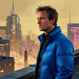 2 0 1 8 blade runner movie still man look at the cityscape from roof perfect face fine realistic face pretty face neon puffy jacket blue futuristic sci - fi elegant by dennis villeneuve tom anders zorn hans dragan bibin thoma greg rutkowski ismail inceoglu illustrated sand storm alphonse mucha