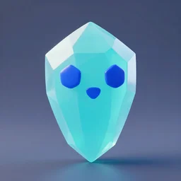 3D blender render of a cute, simplistic cyan crystal character with two blue hexagon eyes and a blue triangle mouth