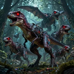 nightmare of mutated pack of raptors, red glowing eyes, hunting in the forest. in style of greg rutkowski and hyung - tae kim, trending on artstation, dark fantasy, great composition, concept art, highly detailed, dynamic pose, vibrant colors, epic, 8 k