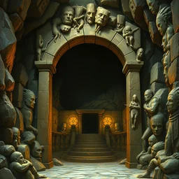 the grand entrance to the underground labyrinth below the palace of knossos. hyper - realistic art by frazetta ; highly - detailed.