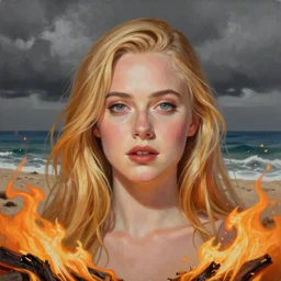 professional painting of Elle Fanning on the beach surrounded by bright orange fire in the style of Delphin Enjolras, head and shoulders portrait, symmetrical facial features, smooth, sharp focus, illustration, intricate, stormy weather, extremely detailed masterpiece,