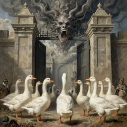 gargantuan geese guarding the gates of hell, art by gustave dore, hieronimus bosch