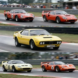 vintage archival race footage of a single 1965 BMW M1, with elements of the De Tomaso Pantera F40, Lotus, GT40 and Countach, movie still, speed, cinematic Eastman 5384 film
