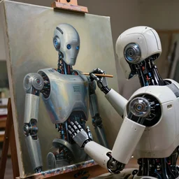 robot artist painting a canvas, the painting is of a robot. intricate, highly detailed, photorealistic, film still, by carl spitzweg.