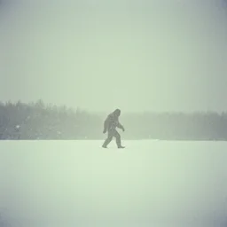 photo, bigfoot is in the distance. cold color temperature, snow storm. hazy atmosphere. humidity haze. kodak ektachrome, greenish expired film, award winning, low contrast