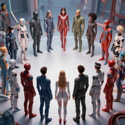 love, diverse cold cybersuits, from behind, connection rituals, wide wide angle, vivid, elaborate, highly detailed, beautiful lighting