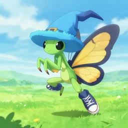 butterfly pokemon with black eyes and antennae like a mantis wearing a floe blue hat floating over a field wearing converse greaves and a witch hat, concept art by brent hollowell artstation