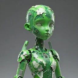 stunning person completely made out of chipped green paint, pc circuitry and white glossy plastic, greg rutkowski, trending on artstation, rule of thirds, 4 k, character design