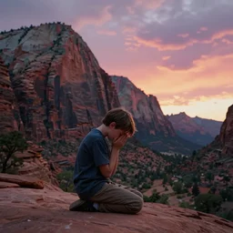 cinematic still of a young boy praying in zion national park, rock formations, colorful sunset, epic, cinematic lighting, dramatic angle, heartwarming drama directed by Steven Spielberg n 9
