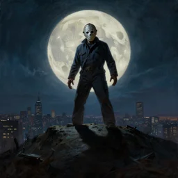 scary jason voorhees standing on a giant hill, new york panorama in far background, powerful pose, scary, horror, deep night, giant oversized moon, dramatic sky, shadows on side, cinematic, side light, backlighting, oil painting by frazetta