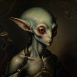 a dark close - up rococo portrait of an alien spriggan creature. dark beautifully illuminated organic surroundings. 1 8 th century science fiction painting by jean - honore fragonard, moebius, and stanislaw fernandes.
