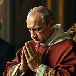 photorealistic image of putin as a catholic praying for god