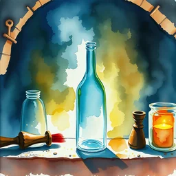 small centered on watercolor paper, paint brush strokes, abstract watercolor painting of medieval smith, kiln, glow, cinematic light, glass bottle, glass vase, transparent glass, national romanticism by hans dahl, by jesper ejsing, by anders zorn, by greg rutkowski, by greg manchess, by tyler edlin