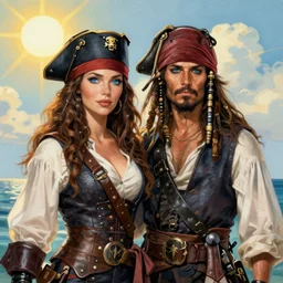 couple. fully clothed armed female pirate captain with a male pirate partner, sun, summer, blue eyes, beauty, wisdom, love, strength, knowledge, smart, portrait, symmetrical, highly detailed, digital painting, artstation, smooth, sharp focus, illustration, strength, art by artgerm, renoir and louis theophile hingre. 8 k