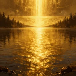 lake filed with molten gold, volume lighting, concept art, by greg rutkowski