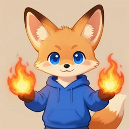 furry ( fandom ) art of a cute anthropomorphic sandy fennec fox and blue eyes and wearing a blue sweatshirt holding fireballs, digital art, painting, trending on furaffinity, big eyes