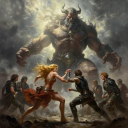 highly detailed painting of sasha grey fighting a looming demigod, dramatic, sense of scale, stephen bliss, unreal engine, greg rutkowski, ilya kuvshinov, ross draws, hyung tae and frank frazetta, tom bagshaw, tom whalen, nicoletta ceccoli, mark ryden, earl norem, global illumination, god rays, windswept