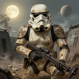 a closeup portrait of a star wars imperial dirty filthy muddy stormtrooper crouching in the trenches of ww 2, sun, moon, smoke, planet, action pose, thomas kinkade, greg rutkowski, detailed illustration, digital art