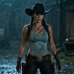 cinematic of lara croft as cowboy, dramatic rain, 8 k, moody lighting