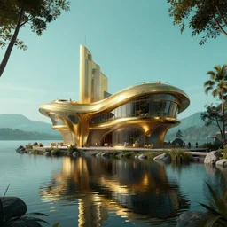 photo hyper realistic concept architecture art house solarpunk in the lake, style futuriste, gold and black turquoise ratio,, octane render excellent composition