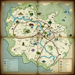 a detailed treasure map for a fantasy book showing landmarks, sea creatures and no text