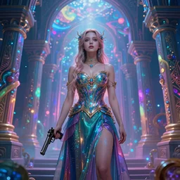 Extreme long Shot of psychodelic Ellie in mysterious chromatic astral temple  standing with pistol   , beautiful, dmt, trending on artstation, omnious, soft, hypermaximalistic, high details, cinematic, 8k resolution, artwork by Wong, Liam