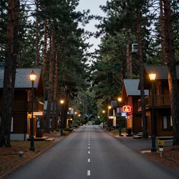 photo a road surrounded by pine trees, wooden buildings with neon signs on sides of roads, old fashioned street lamps lining the road, beautiful photography, volumetric lighting, flickr, artstation, 8 k, moody lighting